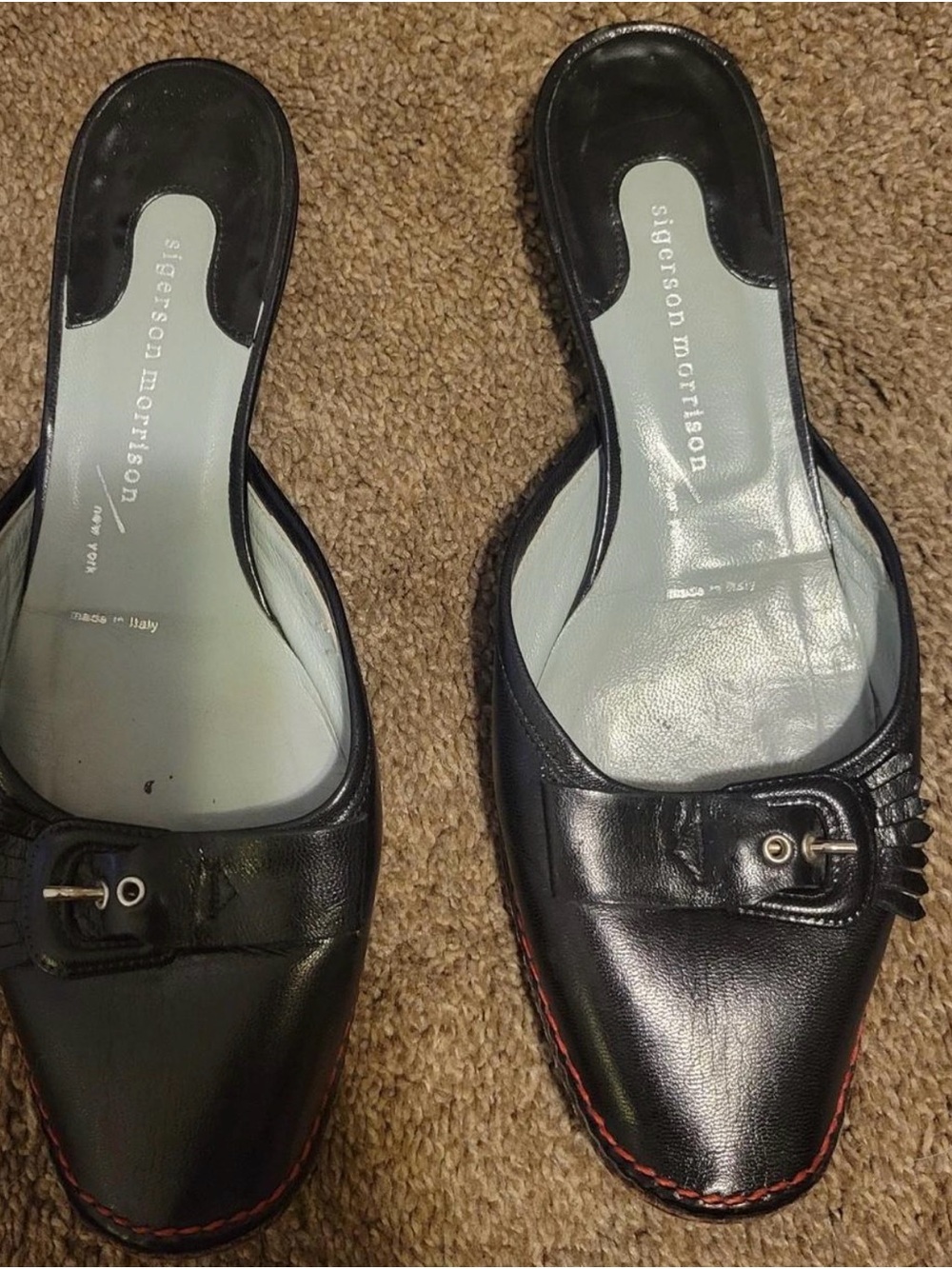 Sigerson Morrison Black Leather Slip-On Mules with Red Stitching